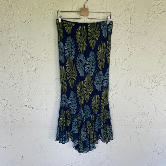 piano Dresses & Skirts - VTG PIANO 100% Silk Skirt L Navy Blue Green Tropical Leaf Print Flowy Midi Boho